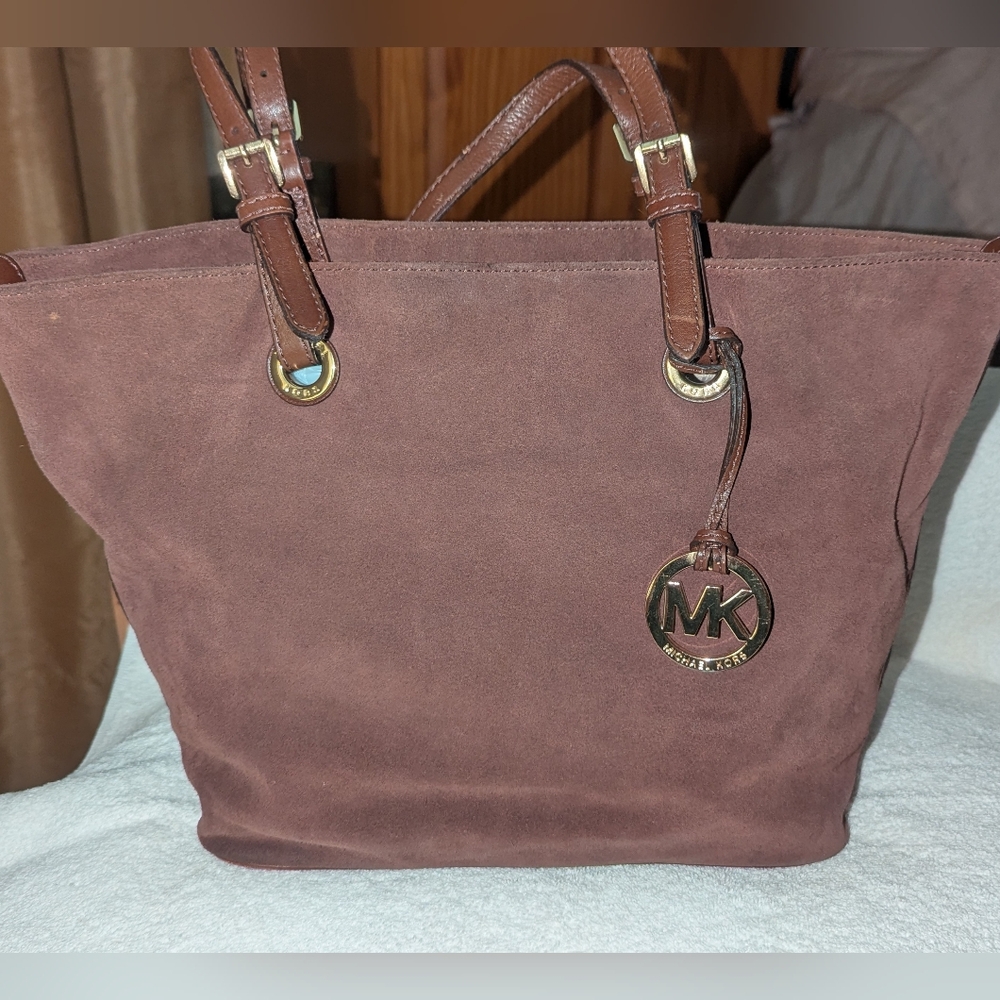 Michael Kors Brown Suede With Leather Trim Tote Bag.